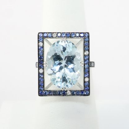 Picture of 18k White Gold & Oval Cut Aquamarine Ring with Squared Blue Sapphire & Diamond Halo