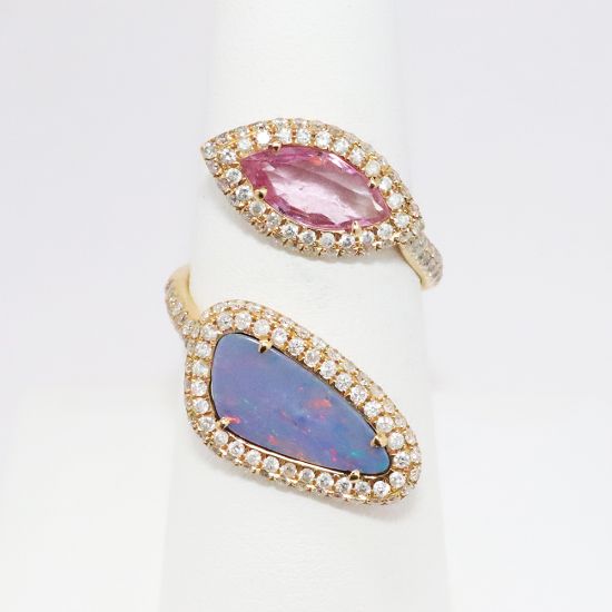 Picture of 18k Rose Gold "Ocean Bliss" Opal, Pink Sapphire, And Diamond Bypass Ring