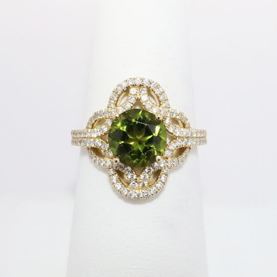 Picture of 14k Yellow Gold & Green Tourmaline Ring with Quatrefoil Shaped Diamond Halo