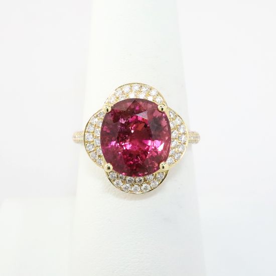 Picture of 14k Yellow Gold & Dark Pink Tourmaline Ring with Pavé Set, Quatrefoil Shaped Diamond Halo