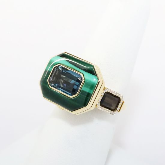 Picture of Geometric 14k Yellow Gold, Malachite, Blue Topaz & Smoky Quartz Ring with Diamond Accents 