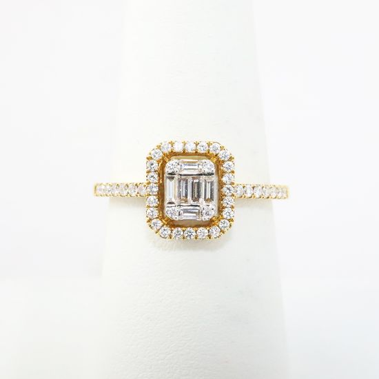 Picture of 18k Yellow Gold with Round & Baguette Cut Diamond Cluster Ring with Diamond Halo