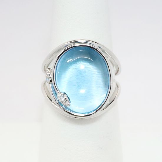 Picture of 14k White Gold & Oval Blue Topaz Cabochon Ring with Diamond Accents 