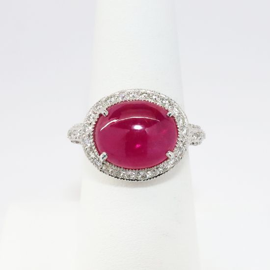 Picture of 18k White Gold & Oval Ruby Cabochon Ring with Diamond Halo