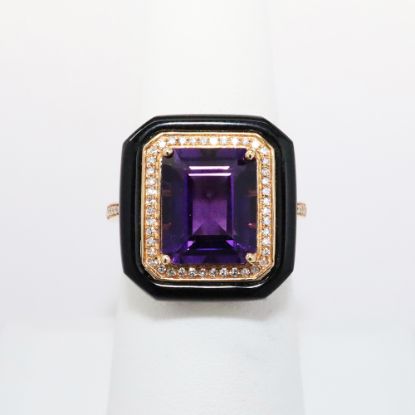 Picture of 18k Rose Gold & Emerald Cut Amethyst Ring with Geometric Black Agate & Diamond Halo