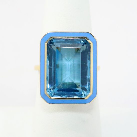 Picture of 14k Yellow Gold & Emerald Cut Blue Topaz Ring with a Sky Blue Enamel Halo