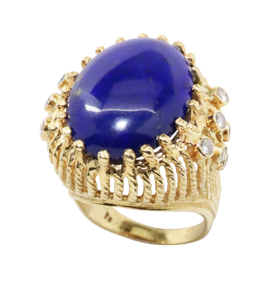 Picture of Vintage 18k Yellow Gold Cabochon Lapis and Diamond Ring 