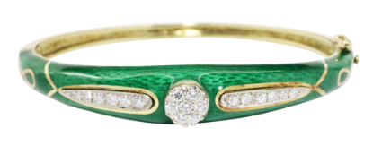 Picture of La Triomphe 14k Yellow Gold, Green Enameled Hinged Bangle with .50ct Diamonds