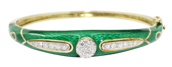 Picture of La Triomphe 14k Yellow Gold, Green Enameled Hinged Bangle with .50ct Diamonds