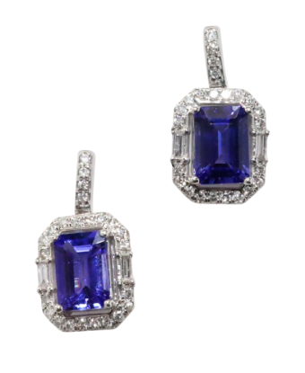 Picture of 14k White Gold & Emerald Cut Tanzanite Drop Earrings with Diamond Halos