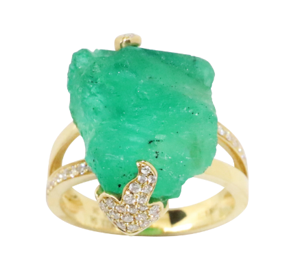 Picture of 18k Yellow Gold & Rough Emerald Ring with Diamond Accents