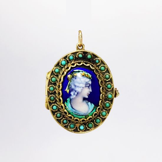 Picture of Vintage 14k Yellow Gold & Turquoise Hand Painted Enamel Victorian Revival Locket by Ascione, France