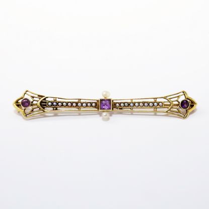 Picture of Antique Edwardian Era 14k Yellow Gold, Amethyst, Seed & Freshwater Pearl Bar Brooch