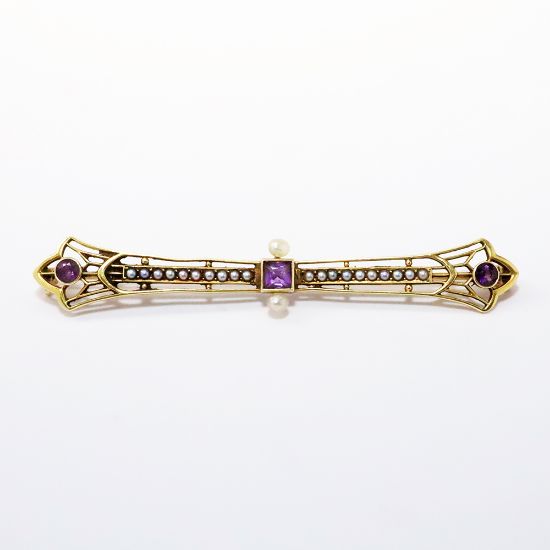 Picture of Antique Edwardian Era 14k Yellow Gold, Amethyst, Seed & Freshwater Pearl Bar Brooch