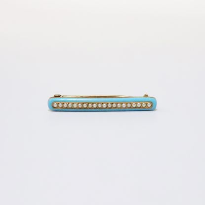 Picture of Antique Edwardian Era 14k Gold, Turquoise Enamel & Seed Pearl Bar Brooch