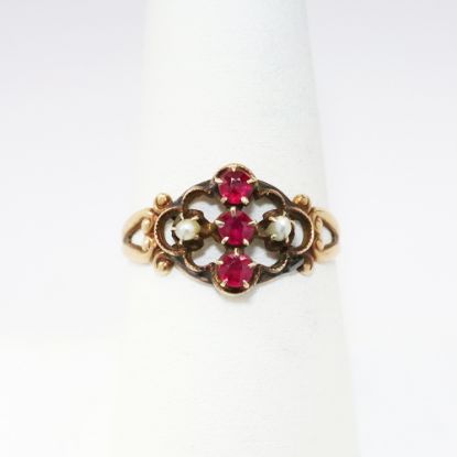 Picture of Antique Victorian Revival 10k Gold, Ruby & Pearl Ring by Ostby Barton