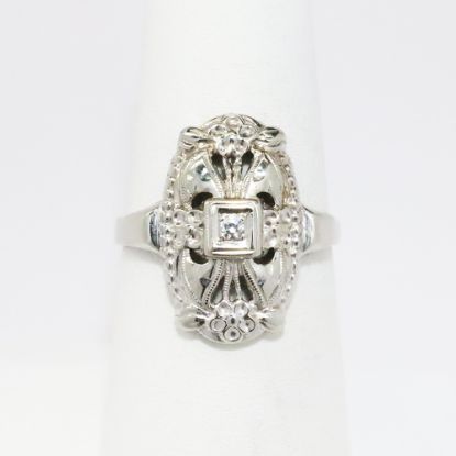 Picture of Antique Art Deco Era 14k White Gold Filigree Statement Ring with Diamond Accent 