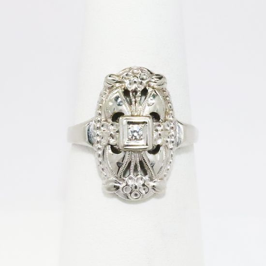 Picture of Antique Art Deco Era 14k White Gold Filigree Statement Ring with Diamond Accent 