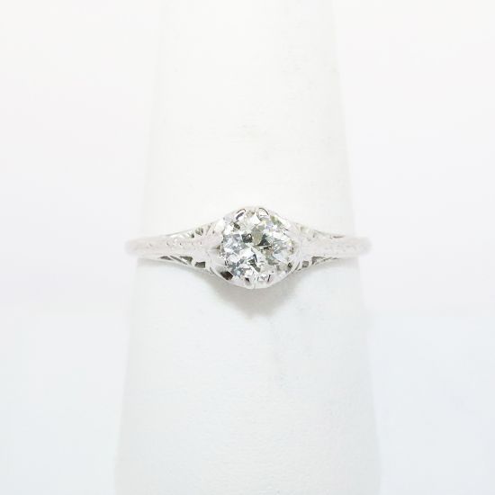 Picture of Antique Edwardian Era 18k White Gold Filigree & Old Mine Cut Diamond Engagement Ring 