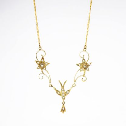 Picture of Antique Victorian 14k Yellow Gold & Seed Pearl Flower & Bird Necklace