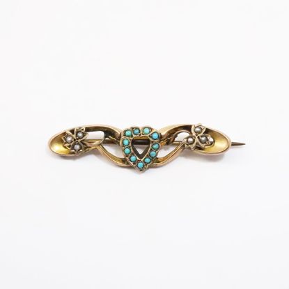 Picture of Victorian Era 9k Gold, Seed Pearl & Turquoise Heart & Shamrock Brooch