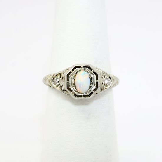 Picture of Art Deco Era 18k White Gold Filigree, Opal & Diamond Ring