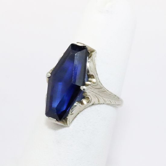 Picture of Art Deco Era Etched 20k White Gold & Synthetic Sapphire Ring