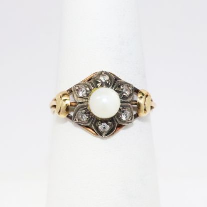 Picture of Antique Edwardian Era 18k Yellow Gold, Sterling Silver, Old Mine Cut Diamond & Pearl Ring