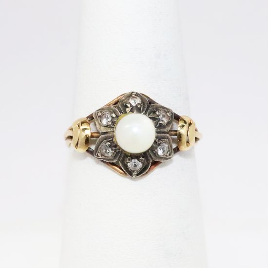 Picture of Antique Edwardian Era 18k Yellow Gold, Sterling Silver, Old Mine Cut Diamond & Pearl Ring