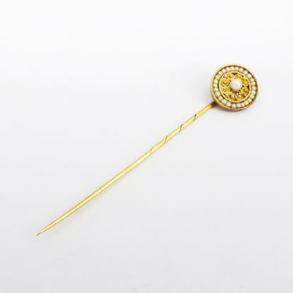 Picture of Antique Victorian Era 22k Yellow Gold & Pearl Etruscan Revival Stick Pin in Original Box