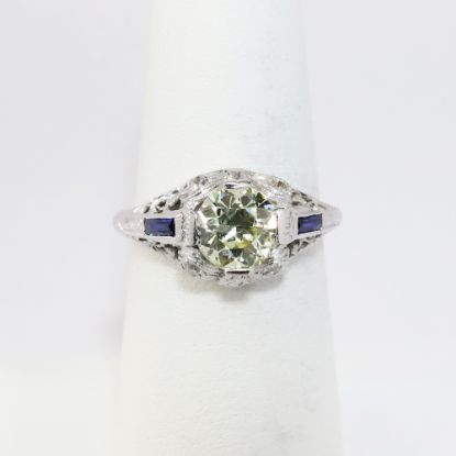 Picture of Early Art Deco Era Platinum Filigree & Yellow Diamond Engagement Ring with Synthetic Sapphire Accents