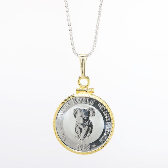 Picture of Platinum 1/4oz Koala Coin Necklace with 14k yellow Gold bezel