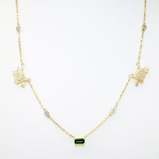 Picture of Custom 14k Yellow Gold, Green Tourmaline & Diamond Necklace with Turtle Motif