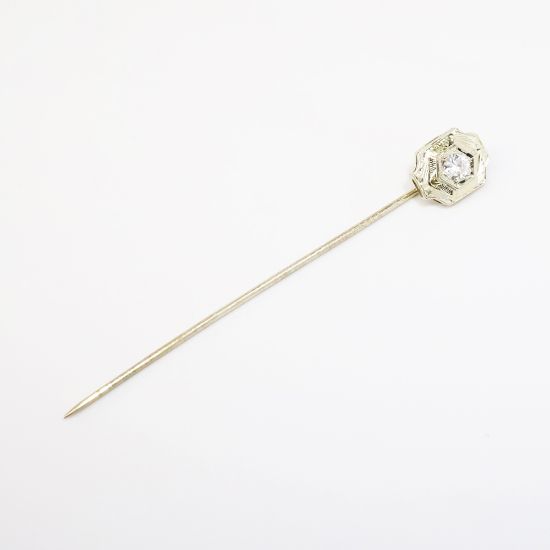 Picture of Antique Art Deco Etched 14k White Gold & Old European Cut Diamond Stick Pin