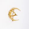 Picture of Antique Victorian Era 10k Yellow Gold Crescent Moon & Lucky Wishbone Brooch with Seed Pearl Accent