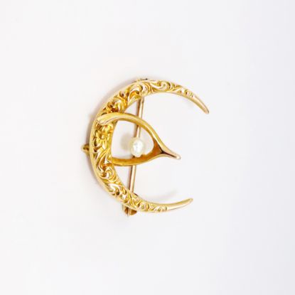 Picture of Antique Victorian Era 10k Yellow Gold Crescent Moon & Lucky Wishbone Brooch with Seed Pearl Accent