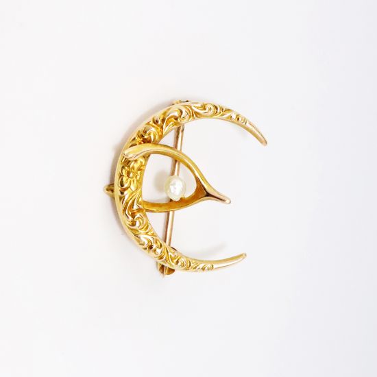 Picture of Antique Victorian Era 10k Yellow Gold Crescent Moon & Lucky Wishbone Brooch with Seed Pearl Accent