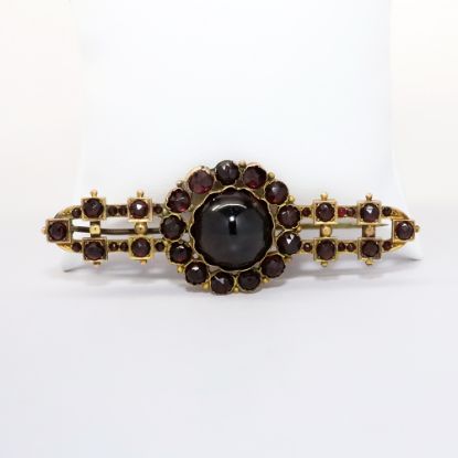 Picture of Large Antique Victorian Era 9k Yellow Gold & Bohemian Garnet Cabochon Brooch with Rose Cut Garnet Accents