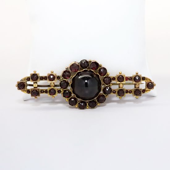 Picture of Large Antique Victorian Era 9k Yellow Gold & Bohemian Garnet Cabochon Brooch with Rose Cut Garnet Accents