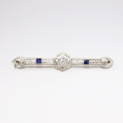 Picture of Antique Art Deco 14k White Gold & Platinum Filigree Bar Brooch with Diamond & Synthetic Sapphires