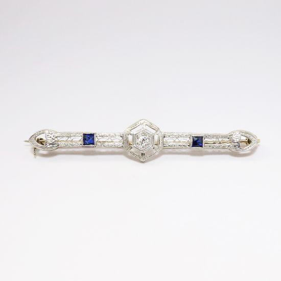 Picture of Antique Art Deco 14k White Gold & Platinum Filigree Bar Brooch with Diamond & Synthetic Sapphires