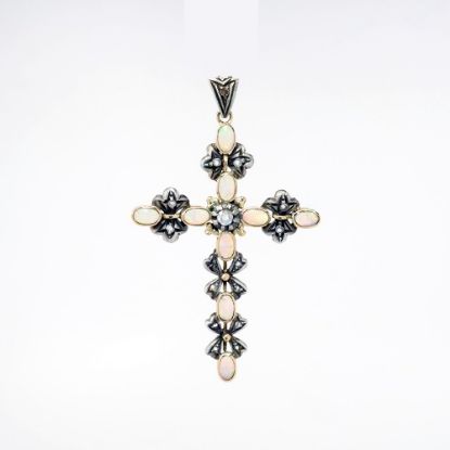 Picture of Antique Victorian Era 10k Yellow Gold, Silver, Opal Cabochon & Rose Cut Diamond Cross Pendant