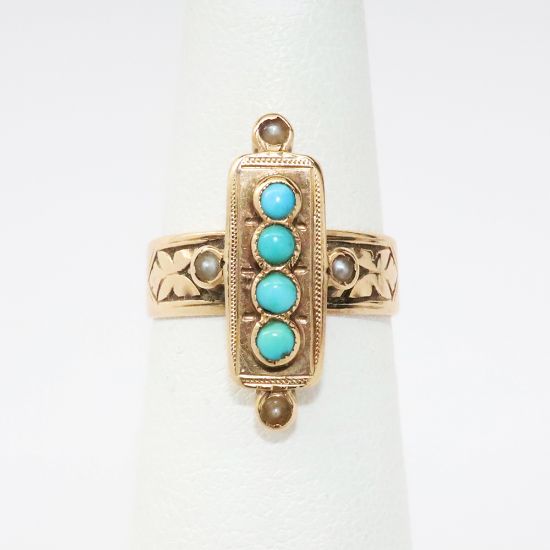 Picture of Antique Victorian Era 12k Etched Gold, Turquoise Cabochon & Seed Pearl Ring