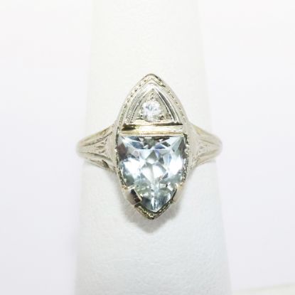 Picture of Antique Art Deco 18k White Gold Filigree & Aquamarine Ring with Diamond Accent