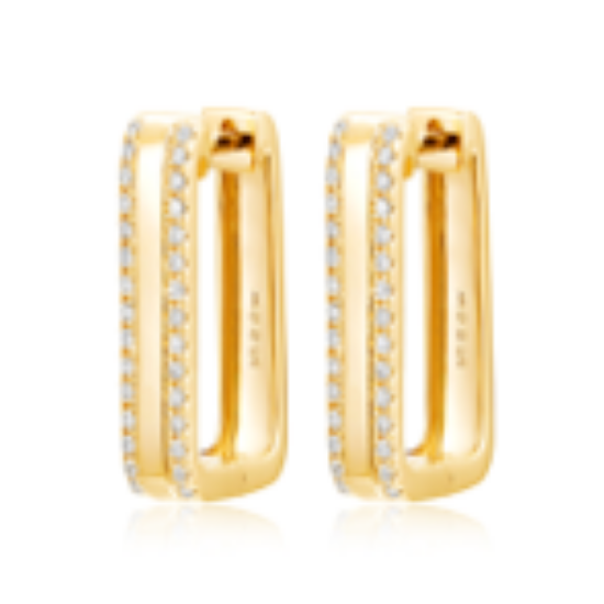 Picture of Rectangular Hoop Diamond and 14k Yellow Gold Earrings 