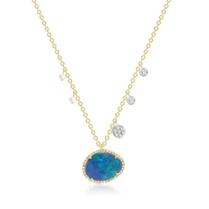 Picture of Australian Opal Necklace with Off-Centered Pearls & Diamond Charms