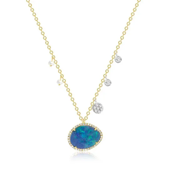 Picture of Australian Opal Necklace with Off-Centered Pearls & Diamond Charms