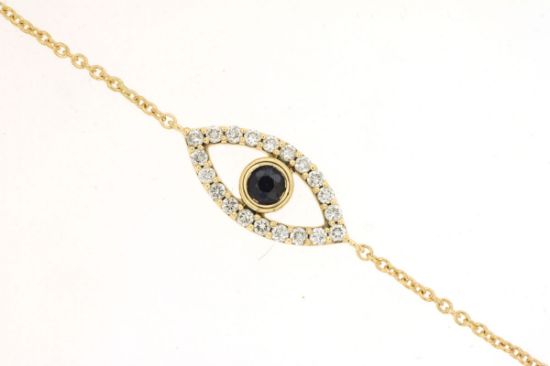 Picture of 14k Yellow Gold Diamond and Solitaire Sapphire Evil Eye Necklace