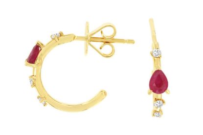 Picture of Pear shape Ruby and Diamond 14k Yellow Gold Hoop Earrings