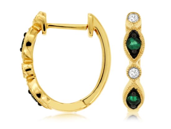 Picture of Emerald and Diamond Hoop Earrings set in 14k Two Tone Gold